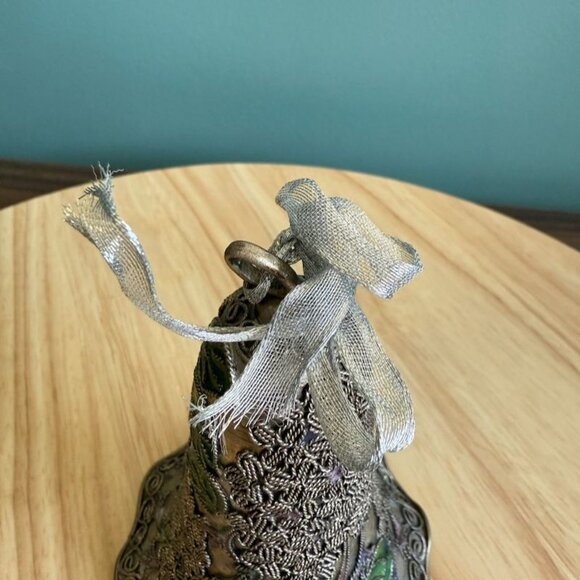 Vintage Enamel Cloisonne Bell With Floral Leaf Design Silver Ribbon Decorative S - Picture 6 of 10